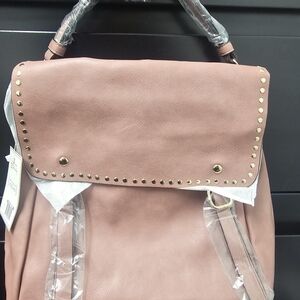 Elegant Blush Leather Backpack with Gold Studs